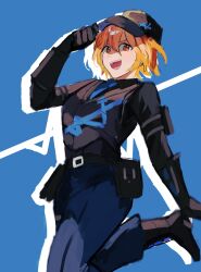 Rule 34 | 1girl, absurdres, belt, black belt, black footwear, black gloves, black shirt, black vest, blonde hair, blue background, blue necktie, blue pants, boots, collared shirt, don quixote (project moon), gloves, hand up, highres, limbus company, looking at viewer, msx (mis4xi), necktie, open mouth, pants, pouch, project moon, shirt, short hair, simple background, smile, solo, standing, standing on one leg, vambraces, vest, yellow eyes
