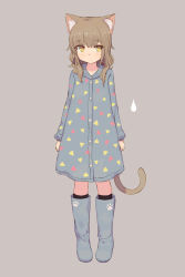 Rule 34 | 1girl, animal ears, arms at sides, black socks, blue footwear, blunt bangs, blush, boots, brown hair, buttons, cat ears, cat tail, closed mouth, expressionless, full body, highres, knee boots, kneehighs, legs together, long hair, long sleeves, looking at viewer, no pupils, original, paw print, raincoat, rubber boots, shone, socks, solo, standing, tail, triangle print, water drop, yellow eyes