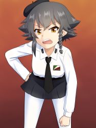 Rule 34 | &gt;:o, 10s, 1girl, :o, anzio school uniform, beret, black hair, black necktie, braid, clenched hand, girls und panzer, gradient background, hand on own hip, hat, highres, leaning forward, necktie, pantyhose, pepperoni (girls und panzer), ruka (piyopiyopu), school uniform, short braid, short hair, side braid, single braid, skirt, solo, v-shaped eyebrows, white pantyhose, yellow eyes