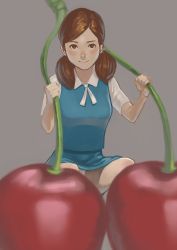 Rule 34 | 1girl, absurdres, bad id, bad pixiv id, blouse, blurry, brown hair, cherry, collared shirt, depth of field, female focus, food, fruit, grey background, highres, mini person, minigirl, oversized food, oversized object, panties, pantyshot, sexually suggestive, shirt, smile, solo, squatting, twintails, underwear, uniform, upskirt, white shirt, yomu (sgt epper)