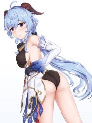 Rule 34 | 1girl, ahoge, ass, bare shoulders, blue hair, blush, breasts, cameltoe, covered erect nipples, detached sleeves, from behind, ganyu (genshin impact), genshin impact, gloves, highres, horns, leotard, long hair, looking at viewer, panties, parted lips, pelvic curtain, purple eyes, shiny skin, sideboob, solo, underwear, very long hair, white background, zuikillme