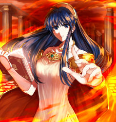 Rule 34 | 1girl, aged up, ahoge, blue eyes, blue hair, book, breasts, closed mouth, collarbone, delsaber, dress, fire, fire emblem, fire emblem: the binding blade, floating hair, hair between eyes, holding, lilina (fire emblem), long hair, looking at viewer, medium breasts, nintendo, open book, outdoors, side slit, sleeveless, sleeveless dress, solo, upper body, very long hair, white dress