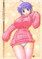 Rule 34 | 1girl, ahoge, bad anatomy, blue hair, bottomless, breasts, cameltoe, covered erect nipples, hip focus, huge breasts, impossible clothes, impossible shirt, impossible sweater, kenix, large breasts, no pants, panties, pink theme, pink thighhighs, purple hair, shirt, skindentation, smile, solo, sweater, thigh gap, thighhighs, underwear, white panties, wide hips