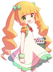 Rule 34 | 1girl, absurdres, blonde hair, blush, bow, clapperboard, clenched hand, dress, eiga daisuki pompo-san, green bow, green eyes, hair bow, highres, joelle pomponett, nyaa (nnekoron), sidelocks, simple background, sleeveless, sleeveless dress, solo, standing, twintails, white background, white dress, wristband