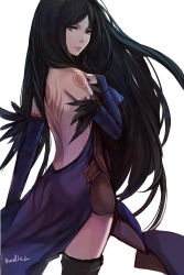 Rule 34 | 1girl, artist name, backless outfit, bad id, bad pixiv id, bare back, black hair, black thighhighs, blue eyes, bridal gauntlets, castlevania (series), castlevania: order of ecclesia, dress, elbow gloves, gloves, hand on own chest, highres, lips, long hair, looking back, shanoa, solo, standing, swd3e2, tattoo, thighhighs, very long hair