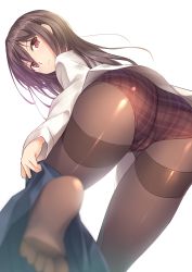 Rule 34 | 1girl, ass, black pantyhose, blurry, blurry foreground, brown hair, brown panties, closed mouth, commentary request, depth of field, dress shirt, from behind, hair between eyes, head tilt, highres, long hair, long sleeves, looking at viewer, looking back, massan, original, panties, panties under pantyhose, pantyhose, plaid, plaid panties, red eyes, shirt, simple background, skirt, skirt around one leg, soles, solo, thighband pantyhose, thighs, underwear, undressing, white background, white shirt