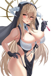 Rule 34 | 1girl, absurdres, aphrodisiac, azur lane, bare shoulders, between breasts, black gloves, blonde hair, bouhuuu, breast cutout, breasts, cleavage, clothing cutout, cowboy shot, fake horns, gloves, habit, hair between eyes, halo, hand on own hip, highres, holding vial, horns, implacable (azur lane), large breasts, long bangs, long hair, nun, pelvic curtain, purple liquid, red eyes, revealing clothes, simple background, skindentation, stomach cutout, tongue, tongue out, veil, very long hair, white background, white horns