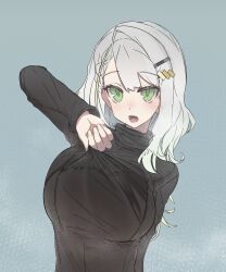 Rule 34 | 1girl, a.i. voice, absurdres, akiba (nagusami), asymmetrical bangs, black shirt, blonde hair, braid, breasts, clothes grab, commentary request, green eyes, grey background, grey hair, hair ornament, hairclip, hand up, highres, large breasts, light blush, long hair, long sleeves, looking at viewer, multicolored hair, open mouth, shirt, side braid, single hair intake, solo, steaming body, streaked hair, taut clothes, taut shirt, tsunose kotone, turtleneck, upper body