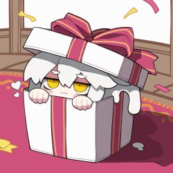 Rule 34 | 1girl, :3, bags under eyes, blush, bow, box, closed mouth, commentary request, confetti, dorodra (kisaragi kaya), gift, gift box, heart, in box, in container, indoors, jitome, kisaragi kaya, liquid hair, monster girl, open box, original, peeking out, pink bow, smile, solo, white hair, yellow eyes