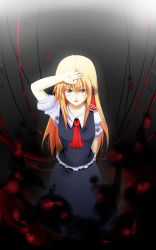 Rule 34 | 1girl, absurdres, ao (syoulass7), arm behind back, ascot, blonde hair, dark background, darkness, dress, dress shirt, hand on forehead, highres, light, long hair, long sleeves, looking at viewer, aged up, ribbon, rumia, shirt, sleeves rolled up, standing, touhou, vest, white shirt