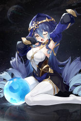 Rule 34 | 1girl, absurdres, arm up, armpits, black gloves, blue hair, breasts, cleavage, commentary request, drill hair, drill sidelocks, freeeeeeeeeee, genshin impact, gloves, hair between eyes, hand up, highres, hood, large breasts, layla (genshin impact), long hair, looking at viewer, no shoes, one eye closed, orb, pantyhose, sidelocks, sitting, solo, thighlet, thighs, very long hair, wariza, white pantyhose, yellow eyes