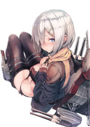 Rule 34 | 1girl, absurdres, afukuro, alternate costume, black bra, black panties, blurry, blush, bra, breasts, clothes lift, clothes pull, depth of field, enpera, hair ornament, hair over one eye, hairclip, hamakaze (kancolle), highres, kantai collection, large breasts, legs together, looking at viewer, looking back, machinery, panties, pantyhose, pantyhose pull, scan, scarf, shirt lift, short hair, silver hair, simple background, sitting, solo, turret, underwear, white background