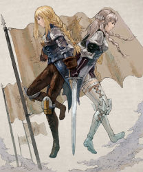 Rule 34 | 2girls, agrias oaks, armor, artdink, boots, braid, crossover, final fantasy, final fantasy tactics, flag, gloves, iwanai tomoeju, iwauchi tomoki, md5 mismatch, multiple girls, ravness loxaerion, resolution mismatch, single braid, source larger, sword, tactics ogre, thigh boots, thighhighs, trait connection, twin braids, weapon