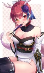 Rule 34 | 1girl, antlers, black collar, black thighhighs, blush, bow, breasts, collar, detached collar, detached sleeves, dragon tail, flower, hair bow, hair flower, hair ornament, hand fan, heterochromia, high ponytail, highres, holding, holding fan, hololive, horns, houshou marine, houshou marine (new year), japanese clothes, kimono, looking at viewer, medium breasts, miroku yy, official alternate costume, red hair, smile, solo, tail, thighhighs, virtual youtuber, white bow, white kimono, white sleeves