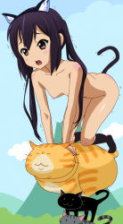 Rule 34 | 1girl, :3, :o, all fours, animal, animal ears, black hair, black socks, blush stickers, breasts, brown eyes, cat, cat ears, cat tail, cloud, collarbone, day, fake animal ears, fat, full body, highres, k-on!, kemonomimi mode, kneehighs, long hair, nakano azusa, nipples, nude, nyarimia, open mouth, outdoors, round teeth, scared, simple background, sky, small breasts, socks, stacking, sweat, tail, teeth, trembling, twintails, what