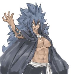 Rule 34 | 1girl, abs, acnologia, blue hair, breasts, cape, fairy tail, genderswap, genderswap (mtf), grin, large breasts, long hair, mashima hiro, official art, sketch, smile, tagme, tattoo, tooth necklace, topless, wild hair