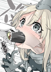 Rule 34 | 10s, 1girl, black eyes, black hat, blonde hair, blush, breasts, commentary request, cropped jacket, crying, crying with eyes open, deepthroat, drooling, ebifurya, ehoumaki, fellatio, food, forced, garrison cap, grey jacket, hair between eyes, hat, highres, jacket, kantai collection, makizushi, motion lines, nose blush, open mouth, oral, saliva, sexually suggestive, sidelocks, simulated fellatio, small breasts, solo focus, speech bubble, sushi, tears, tongue, tongue out, trembling, u-511 (kancolle), upper body, x-ray