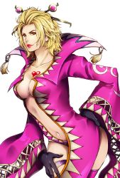 Rule 34 | 1girl, blonde hair, breasts, closed mouth, final fantasy, final fantasy x, final fantasy x-2, gloves, heart, highres, hiromyan, leblanc (ff10), looking at viewer, navel, purple thighhighs, short hair, simple background, solo, tattoo, thighhighs, white background