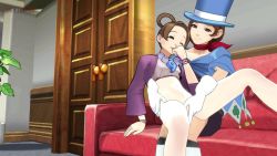 Rule 34 | 2girls, 3d, absurdres, ace attorney, animated, ascot, brown hair, cape, clothed sex, couch, fingering, gloves, hat, highres, lying on lap, magatama, magatama necklace, multiple girls, necklace, neinsfw, aged up, partially undressed, pearl fey, public indecency, top hat, trucy wright, yuri
