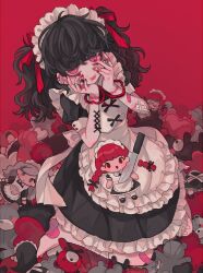 Rule 34 | 1girl, 382, :d, apron, bandaged fingers, bandages, bandaid, bandaid on arm, bandaid on leg, barefoot, black dress, black hair, blood, blush stickers, braid, character doll, commentary request, corset piercing, cuffs, doll, dress, ear piercing, earrings, frilled apron, frilled dress, frilled pillow, frills, full body, hair ribbon, handcuffs, hands on own face, hands up, heart, heart-shaped pillow, heart-shaped pupils, holding, injury, jewelry, knife, long hair, looking at viewer, maid, maid apron, maid headdress, messy hair, nail polish, open mouth, original, piercing, pillow, puffy short sleeves, puffy sleeves, red background, red eyes, red nails, red ribbon, ribbon, shackles, short sleeves, sitting, smile, solo, stuffed animal, stuffed toy, symbol-shaped pupils, teddy bear, teeth, toenail polish, toenails, twin braids, twintails, upper teeth only, wariza, white apron