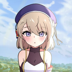 Rule 34 | 1girl, :&lt;, absurdres, armband, azur lane, bare shoulders, beret, blue hair, blue hat, blush, bow, breasts, brown hair, brown sleeves, cloud, cloudy sky, collarbone, commentary request, covered collarbone, day, detached sleeves, hair between eyes, hair bow, hat, hat bow, highres, looking at viewer, medium breasts, outdoors, parted lips, purple eyes, rock zinc, sky, solo, striped bow, triangle mouth, upper body, white bow, z23 (azur lane)