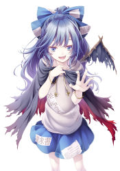 Rule 34 | 1girl, bangle, black cape, blue bow, blue eyes, blue hair, blue skirt, bow, bracelet, cape, claw pose, commentary request, debt, drawstring, fang, fingernails, grey hoodie, hair bow, halloween costume, hands up, hood, hoodie, jewelry, long hair, looking at viewer, midorino eni, miniskirt, open mouth, ponytail, simple background, skirt, smile, solo, torn cape, torn clothes, torn wings, touhou, wavy hair, white background, wings, yorigami shion