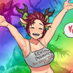 Rule 34 | 1girl, animal ears, armpits, arms up, blush, breasts, clothes writing, collarbone, cropped, dragon girl, dragon horns, duel monster, english text, fang, happy, heart, highres, horns, large breasts, looking at viewer, midriff, multicolored background, navel, nia (nia4294), open mouth, parted bangs, red hair, short hair, smile, speech bubble, tank top, yellow eyes, yu-gi-oh!, zoodiac drident