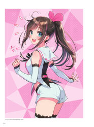 Rule 34 | 1girl, aqua eyes, arched back, ass, bare shoulders, blue eyes, blush, breasts, brown hair, cowboy shot, detached sleeves, from behind, hair between eyes, highres, kizuna ai, kizuna ai inc., lace, lace-trimmed legwear, lace trim, lips, long hair, looking at viewer, looking back, midriff peek, morikura en, official art, open mouth, page number, polka dot, polka dot background, ponytail, round teeth, short shorts, shorts, sidelocks, simple background, solo, standing, teeth, thighhighs, thighs, twitter username, virtual youtuber