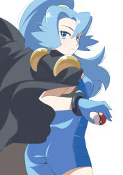 Rule 34 | 1girl, 34 (sanjushi), ass, blue eyes, blue hair, bodysuit, breasts, cape, clair (pokemon), closed mouth, creatures (company), game freak, gloves, highres, jewelry, long hair, looking at viewer, nintendo, poke ball, poke ball (basic), pokemon, pokemon hgss, ponytail, simple background, solo, white background