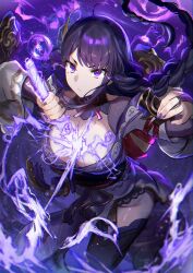 Rule 34 | 1girl, absurdres, adamosina, blush, braid, breasts, bridal gauntlets, cleavage, drawing sword, dynamic pose, electricity, fighting stance, flower, genshin impact, hair ornament, highres, holding, holding sword, holding weapon, human scabbard, japanese clothes, kimono, large breasts, long hair, long sleeves, looking at viewer, low-braided long hair, low-tied long hair, mole, mole under eye, musou isshin (genshin impact), obi, purple eyes, purple hair, raiden shogun, sash, solo, sword, sword between breasts, thighhighs, very long hair, weapon