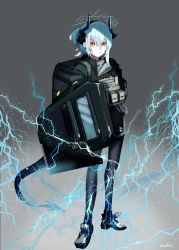 Rule 34 | 1girl, :|, absurdres, antennae, arknights, backpack, bad id, bad pixiv id, bag, black footwear, black pantyhose, black shirt, blue hair, boots, closed mouth, dot nose, electricity, expressionless, full body, grab pigeon, grey background, hair between eyes, halo, headgear, highres, holding, holding shield, light blue hair, lightning, liskarm (arknights), looking at viewer, medium hair, orange eyes, pantyhose, ponytail, riot shield, shield, shirt, sidelocks, signature, solo, standing
