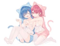 Rule 34 | 2girls, alternate hairstyle, animal hood, bare shoulders, blue bow, blue hair, blue jacket, blue shorts, blunt bangs, bow, breasts, camisole, cat hood, cat tail, closed eyes, closed mouth, commentary, eikaa, hair ornament, holding hands, hood, hood up, jacket, knees up, light smile, multiple girls, no shoes, open clothes, open jacket, open mouth, pink bow, pink eyes, pink hair, pink jacket, pink shorts, ram (re:zero), re:zero kara hajimeru isekai seikatsu, rem (re:zero), short hair, short shorts, short twintails, shorts, siblings, simple background, sisters, sitting, smile, tail, thighhighs, twintails, twitter username, white legwear, x hair ornament