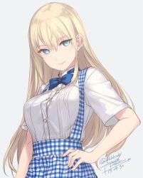 Rule 34 | 1girl, alternate costume, apron, bismarck (kancolle), blonde hair, blue bow, blue bowtie, blue eyes, blue ribbon, bow, bowtie, breasts, button gap, collared shirt, dated, dress shirt, employee uniform, from side, gingham apron, grey background, hair between eyes, hair ornament, hand on own hip, kantai collection, kobeya uniform, long hair, looking at viewer, medium breasts, ribbon, rokuwata tomoe, shirt, shirt tucked in, short sleeves, signature, simple background, skirt, smile, solo, suspender skirt, suspenders, twitter username, uniform, upper body, white shirt