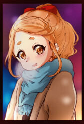 Rule 34 | 1girl, 22/7, black border, blue scarf, blush, border, bow, braid, breath, brown coat, brown eyes, brown hair, coat, from side, hair bow, high ponytail, highres, kono miyako, koukoutou (seikoutoutei), looking at viewer, looking to the side, open mouth, portrait, red bow, scarf, single braid, solo, winter