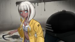 Rule 34 | 1boy, 1girl, alternate universe, blood, blunt bangs, breasts, collarbone, danganronpa (series), danganronpa v3: killing harmony, dark-skinned female, dark skin, fake screenshot, ganguro, green eyes, highres, holding, holding weapon, indoors, jacket, jewelry, long hair, long sleeves, looking at viewer, low twintails, medium breasts, mou (hntg7838), navel, navel piercing, necklace, open clothes, open jacket, parted lips, piercing, saihara shuichi, scythe, shell, shell necklace, sickle, skirt, solo focus, sweat, teeth, twintails, upper body, weapon, white hair, yellow jacket, yonaga angie