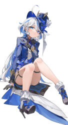 Rule 34 | 1girl, absurdres, ascot, berserker r, blue eyes, blue hair, blue hat, blue jacket, blush, breasts, brooch, cowlick, furina (genshin impact), genshin impact, gloves, hat, high heels, highres, jacket, jewelry, light blue hair, long hair, long sleeves, looking at viewer, multicolored hair, open clothes, open jacket, sash, shirt, short shorts, shorts, small breasts, solo, streaked hair, swept bangs, thigh strap, top hat, white hair, white shirt, white shorts