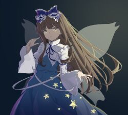 Rule 34 | 1girl, :o, absurdres, blue background, blue bow, blue dress, blue ribbon, bow, brown hair, chinese commentary, commentary request, dress, floating hair, frilled bow, frills, gradient background, hair bow, highres, long hair, long sleeves, looking at viewer, maidcode1023, neck ribbon, open mouth, ribbon, sidelocks, solo, star sapphire, touhou, wide sleeves, wings