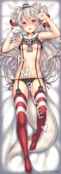 Rule 34 | 10s, 1girl, adapted costume, akashi (akashimichi), amatsukaze (kancolle), animal ears, black panties, breasts, brown eyes, choker, dakimakura (medium), fox ears, fox tail, garter straps, gloves, hair tubes, highres, kantai collection, looking at viewer, lying, navel, on back, panties, red thighhighs, sailor collar, sample watermark, side-tie panties, silver hair, single glove, small breasts, solo, striped clothes, striped thighhighs, tail, thighhighs, two side up, underboob, underwear, watermark, white gloves