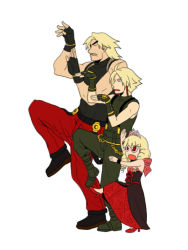 Rule 34 | 1girl, 2boys, adelheid bernstein, blonde hair, brother and sister, evilgun, family, father and daughter, father and son, multiple boys, parody, rose bernstein, rugal bernstein, siblings, simple background, snk, style parody, the king of fighters, white background, yotsubato!