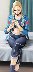 1girl abs black_leggings blonde_hair blue_eyes blue_jacket braid breasts cammy_white choker closed_mouth commentary_request highres jacket large_breasts leather leather_jacket leggings long_hair midriff navel open_clothes open_jacket scar smile solo street_fighter street_fighter_6 toned triangle twin_braids x_chitch