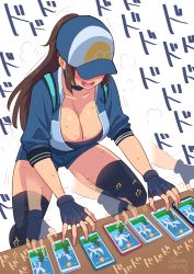 Rule 34 | 1girl, 2018, afterimage, artist name, baseball cap, black thighhighs, blush, breasts, brown hair, cellphone, choker, cleavage, covered eyes, creatures (company), dated, female protagonist (pokemon go), fingerless gloves, game freak, gen 2 pokemon, gloves, hat, large breasts, legendary pokemon, long hair, lugia, motion lines, nintendo, open mouth, phone, pokemon, pokemon (creature), pokemon go, ponytail, short shorts, shorts, sidelocks, signature, simple background, smartphone, smile, solo, standing, sweat, thighhighs, too many, translated, white background, zheng