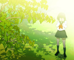 Rule 34 | 1girl, bad id, bad pixiv id, covering privates, covering face, covering own eyes, leaf, light, name (pixiv), name (sh), original, school uniform, shade, skirt, solo, tree