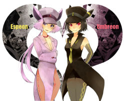 Rule 34 | 1990s (style), 2girls, animal ears, black hair, breasts, cleavage, creatures (company), detached sleeves, elbow gloves, espeon, game freak, gen 2 pokemon, gloves, hat, jewelry, kakizato, multiple girls, necklace, necktie, nintendo, pantyhose, personification, pink hair, pokemon, pokemon gsc, ponytail, purple eyes, red eyes, retro artstyle, umbreon