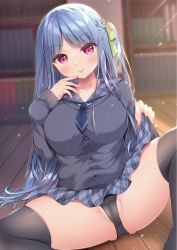 Rule 34 | 1girl, black panties, black thighhighs, blue hair, blue sailor collar, blue skirt, blush, book, bookshelf, breasts, clothes lift, collarbone, commentary request, grey shirt, hair ribbon, highres, large breasts, lifted by self, long hair, looking at viewer, on floor, original, panties, partially visible vulva, plaid, plaid sailor collar, plaid skirt, pleated skirt, red eyes, ribbon, sailor collar, school uniform, serafuku, shirt, sitting, skirt, skirt lift, smile, solo, spread legs, suzukawa yui, thighhighs, thighs, tongue, tongue out, underwear, wooden floor
