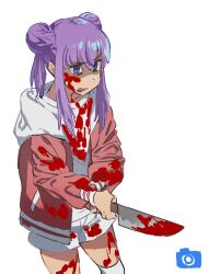 Rule 34 | 1girl, anima lyon, bags under eyes, blood, blood on clothes, blood on face, bloody knife, blue eyes, double bun, feet out of frame, frown, hair bun, highres, holding, holding knife, hood, hood down, hoodie, indie virtual youtuber, knife, long hair, long sleeves, looking ahead, open clothes, open hoodie, open mouth, over-kneehighs, purple hair, red hoodie, sadamoto hokuto, shirt, short shorts, shorts, sidelocks, socks, solo, standing, thighhighs, transparent background, two-handed, v-shaped eyebrows, virtual youtuber, white hood, white shirt, white shorts, white socks
