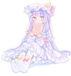 Rule 34 | 1girl, blue bow, blue ribbon, blunt bangs, blush, book, bow, capelet, closed mouth, crescent, crescent hat ornament, dress, frills, full body, hair bow, hair ribbon, hat, hat ornament, hat ribbon, holding, holding book, long hair, long sleeves, looking at viewer, loose socks, mob cap, no shoes, oggi0000, patchouli knowledge, purple eyes, purple hair, red bow, red ribbon, ribbon, sidelocks, simple background, sitting, socks, solo, striped clothes, striped dress, touhou, tress ribbon, white background, wide sleeves