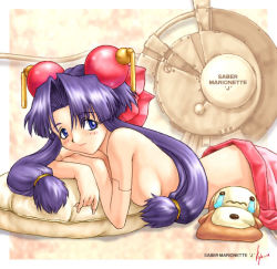 Rule 34 | 1990s (style), 1girl, blue eyes, bow, breasts, cherry (saber j), copyright name, female focus, large breasts, long hair, low-tied long hair, no bra, nude, pink bow, purple hair, retro artstyle, saber marionette j, solo, topless