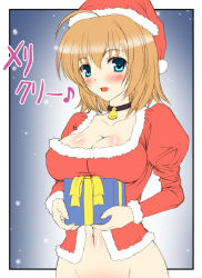 Rule 34 | 1girl, ahoge, bell, blush, bottomless, breast press, breast rest, breasts, brown hair, carried breast rest, carrying, choker, christmas, cleavage, collar, fur (clothing), gift, hat, holding, holding gift, kawase seiki, large breasts, neck bell, open mouth, original, santa costume, short hair, solo