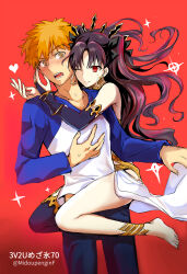 1boy arm_warmers armlet asymmetrical_legwear asymmetrical_sleeves bikini couple detached_sleeves earrings elbow_gloves emiya_shirou fate/grand_order fate/stay_night fate_(series) gloves heavenly_boat_maanna highres hoop_earrings hug hug_from_behind igote ishtar_(fate) jewelry long_legs mismatched_bikini neck_ring open_mouth orange_hair raglan_sleeves red_hair single_arm_warmer single_detached_sleeve single_elbow_glove single_thighhigh swimsuit thighhighs tiara two_side_up uneven_legwear uneven_sleeves