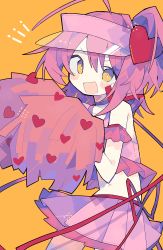 Rule 34 | 1girl, :d, absurdres, ahoge, amulet heart, arm cuffs, bare legs, blush, bow, cheerleader, commentary, cowboy shot, english commentary, frilled shirt, frills, hatsushiro mamimu, highres, hinamori amu, holding, holding pom poms, looking at viewer, midriff, one side up, open mouth, orange background, orange eyes, pink hair, pink shirt, pink skirt, pleated skirt, pom pom (cheerleading), pom poms, red bow, shirt, short hair, shugo chara!, simple background, skirt, sleeveless, sleeveless shirt, smile, solo, symbol-only commentary, tank top, visor cap